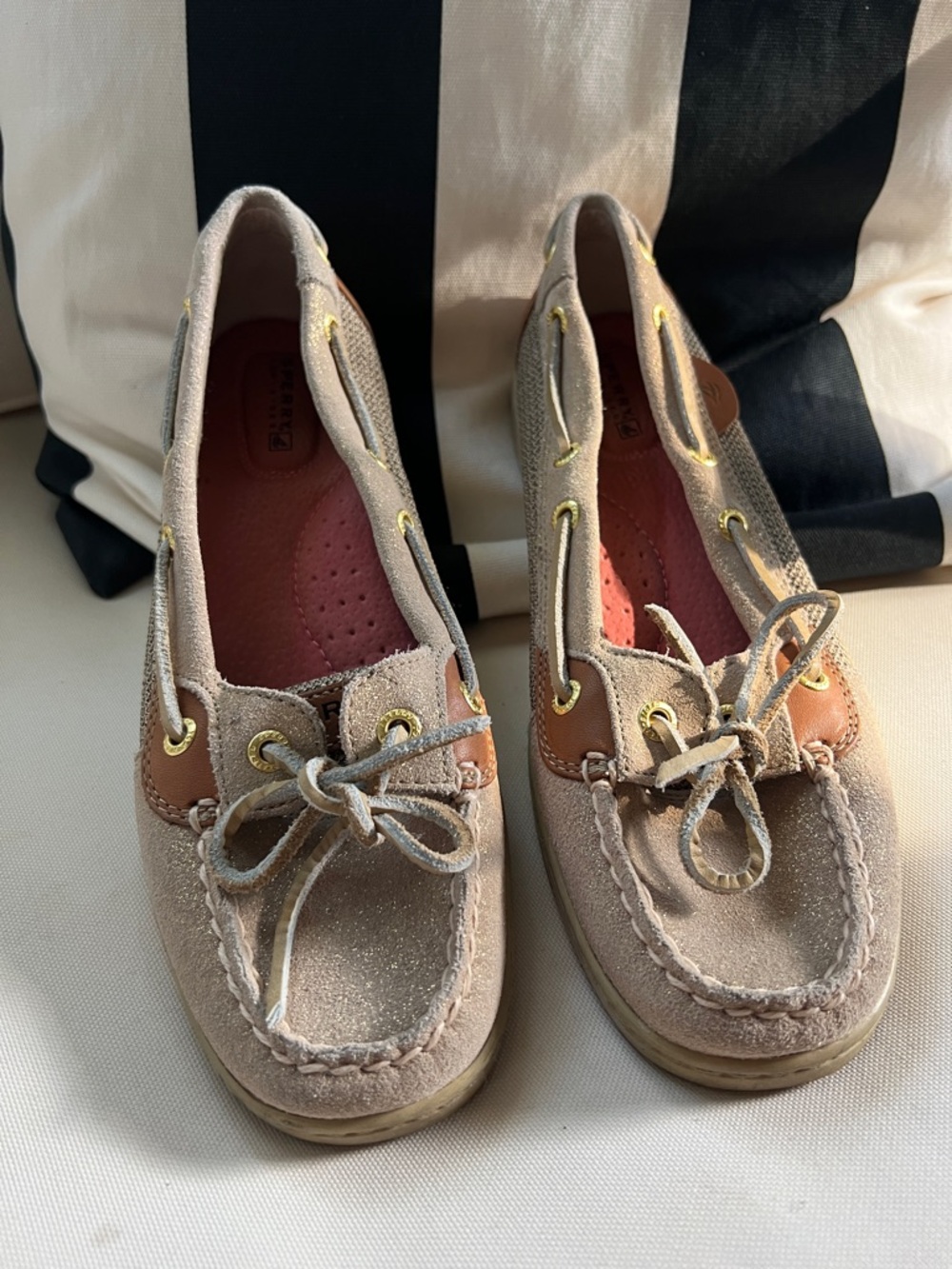 Sperry Taupe Suede Moccasins with Tan Leather Trim and Gold Eyelets